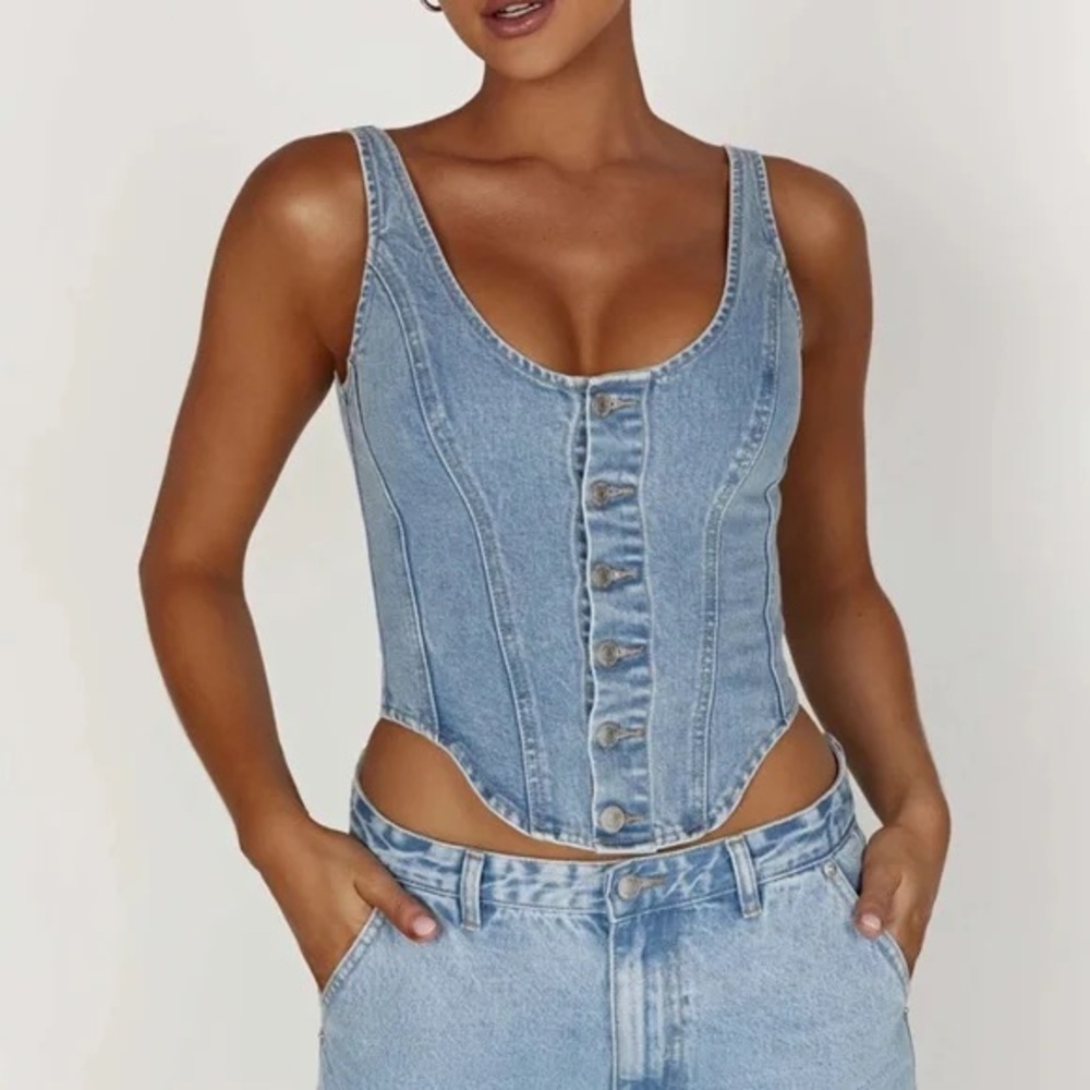 Meshki Light Blue Denim Corset Tank Top - Picture 2 of 7